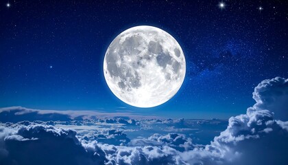 A large, bright moon hangs in a deep blue, star-filled sky above soft, fluffy clouds at night