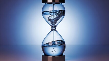 Hourglass with clear fluid showing time on light blue backdrop