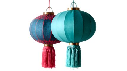 Traditional red and gold paper lanterns hang as festive Chinese New Year decorations to celebrate the oriental culture and holiday light during a New Year festival in China