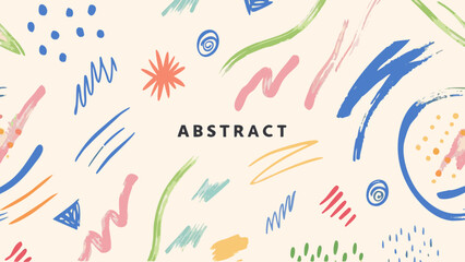 Vibrant colorful abstract geometric shapes illustration with swirling lines and dots on cream