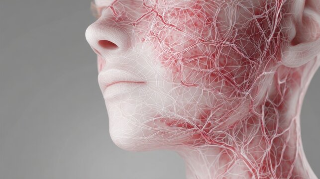 Slowmotion image illustrating blood vessels expanding beneath the facial epidermis during a rosacea flareup creating a rosy web pattern.