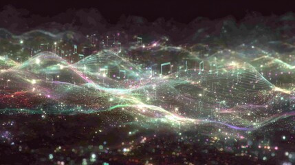 Vintage Radio Broadcasting Waves Flow Through Air With Musical Notes and Global Connections in Vibrant Abstract Patterns