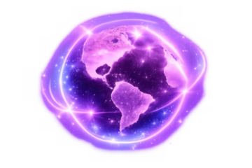 Global network linking continents with glowing purple energy lines, creating a concept of connection and digital communication
