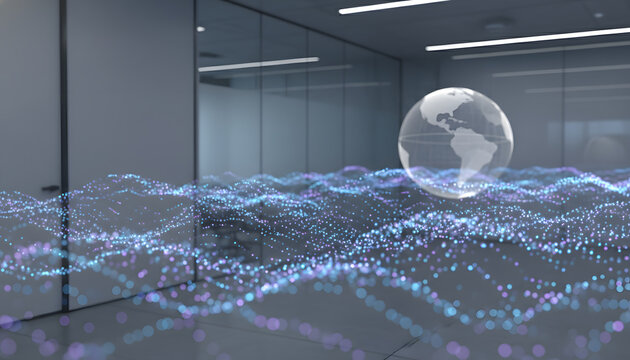 Abstract digital data wave and globe hologram in modern office with glass walls, symbolizing global technology and futuristic communication - Powered by Adobe