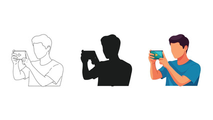 Collection of three male figures illustrating different styles of a person holding a smartphone horizontally to watch video content or play a mobile game.