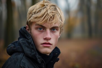 Portrait of a serious young blond man with blue eyes wearing a dark jacket in a forest during autumn