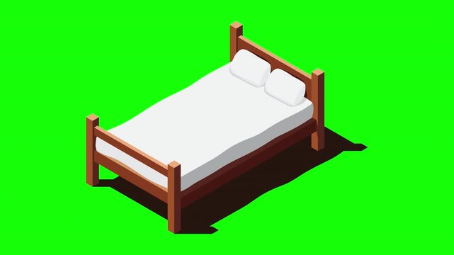 Isometric wooden bed with mattress animation. 3D isometric bed. Wooden bed frame with mattress, pillow, and blanket. Isometric bedroom furniture. 4K video animated in isometric style