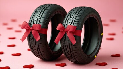 Two black tires adorned with red bows, placed against a soft pink background scattered with heart-shaped decorations, symbolizing love and affection in automotive gifting