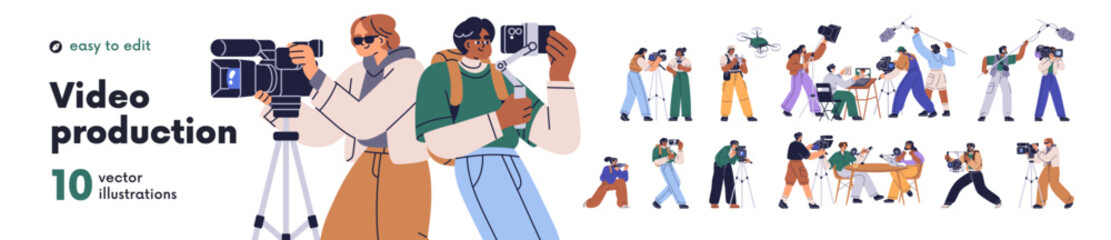 Video production concept set. Cameraman, operator, videographer filming on professional camera. Movie, media crew, reporter shooting, recording. Flat vector illustration isolated on white background © Good Studio