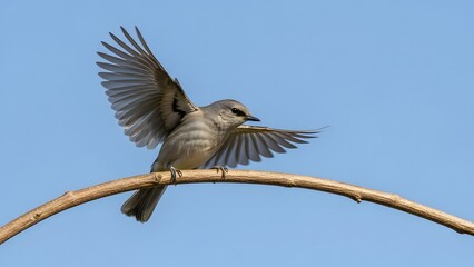 Captivating image showcasing a small gray bird with wings spread wide, perched precariously upon a thin brown branch against a vibrant clear blue sky background.