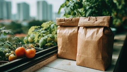 Tomatoes grow beside brown paper bags on city balcony