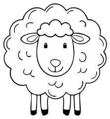 Adorable fluffy cartoon sheep outline drawing. Simple black and white illustration of a happy lamb for kids.