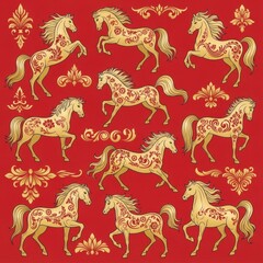 Ornate horses on red background