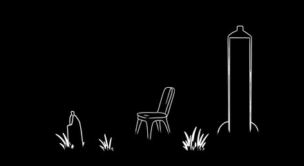 Minimal outdoor scene line art with chair lamp and grass for abstract illustration
