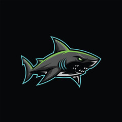 Obraz premium Aggressive Shark Mascot with Glowing Green Outline on Black Background.