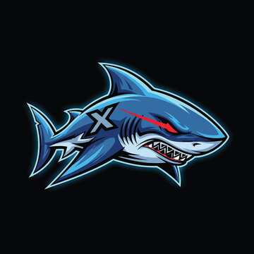 Aggressive Shark Mascot with Red Eyes and Letter X.