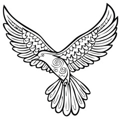 Obraz premium Stylized Bird in Flight with Ornamental Swirls, Wings Spread in Outline, Black and White Illustration for Coloring Pages