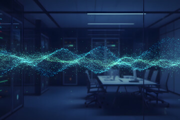 Glowing digital wave pattern in corporate server room and conference area, dark tech style background, concept of communication and data flow