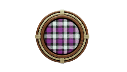Round Wooden Frame with Purple Plaid Fabric Inlay and Rope Accent