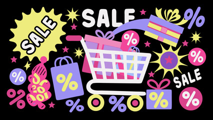 Illustration of a shopping cart filled with gifts surrounded by sale signs and percentage symbols on black background