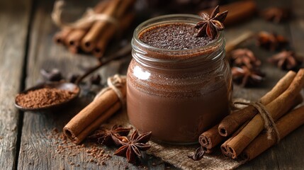 Rich Hot Cocoa Drink with Star Anise and Cinnamon Sticks on Rustic Wooden Background