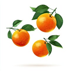 Three oranges with leaves, vibrant citrus illustration