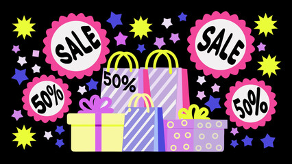 Illustration of sales signs with shopping bags and gift boxes surrounded by stars on black backdrop