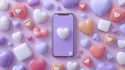 3D render of a smartphone displaying a heart icon, surrounded by numerous glossy pastel hearts and shapes. Digital love and social media concept background.