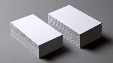 Stack of clean blank business cards on a modern gray surface for professional branding, corporate identity, office stationery, and marketing presentation concept