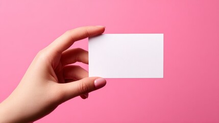 Hand holding a blank white card on a pink background for creative business id mockups, humorous personal identification concepts, and modern minimalist stationery presentation