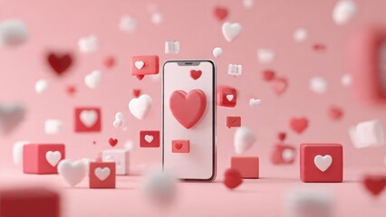 3D Smartphone showing a large heart surrounded by floating social media like notifications, symbols, and hearts on a pastel pink background. Digital romance and Valentine concept.