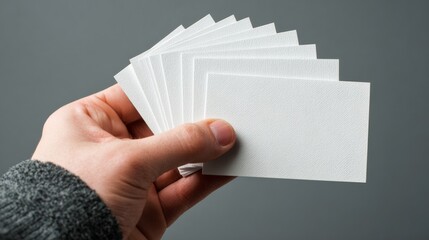Hand holding blank business cards over a white background for corporate branding, professional identity, marketing presentation, and office stationery concept