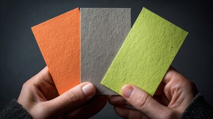 Hands holding three textured business cards in orange, gray, and lime green for corporate branding, professional identity, marketing presentation, and creative office stationery concept