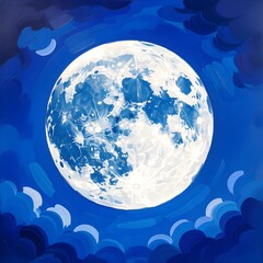 Moon in Blue & White Sky &ndash; Oil Painting Style