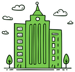 Green Skyscraper Building Illustration with Clouds and Trees