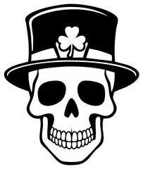 Human skull wearing a top hat with a shamrock clover for St Patricks Day vector icon