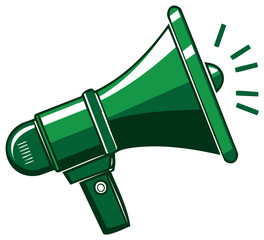 Illustration of a green loudspeaker, graphic design style, with sound waves emanating.