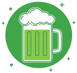 Green beer in a mug with foamy head and shamrock symbols for celebration
