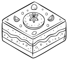 Black and white illustration of a layered dessert, with decorative elements