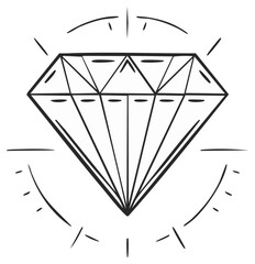 Drawn Diamond with Radiating Sparkles, Jewel, Gemstone, Shiny, Illustration Line Art, Minimalist Icon