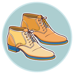 Fashionable men's leather dress shoes footwear illustrated in pastel hues on a light blue background