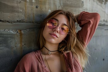 Fashionable influencer posing with colorful sunglasses and her hand on her hair