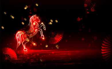 Happy Chinese New Year. A card with a golden fire horse on a round podium.