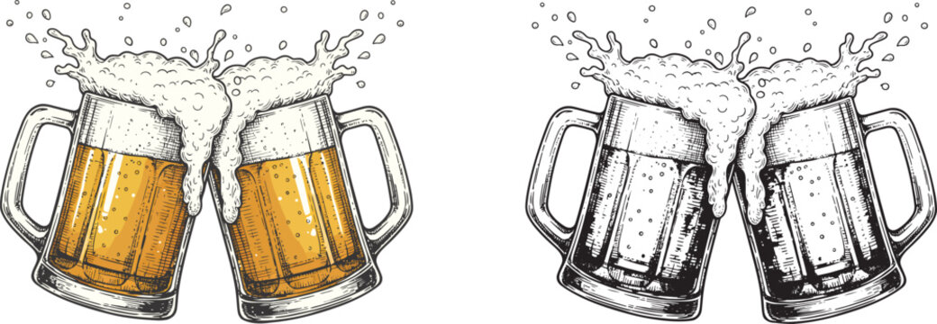 Two beer mugs clinking with splashing foam, color and black white illustration