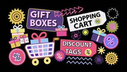 Illustration featuring gift boxes, shopping cart, discount tags, and various decorative elements on black background
