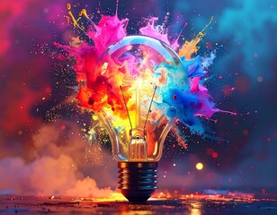 A lightbulb bursts with colorful paint, symbolizing creativity and inspiration against a blurred, warm, bokeh background