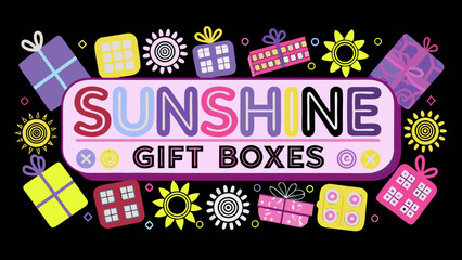 Illustration of sunshine gift boxes sign with colorful gifts and suns on a black background design art