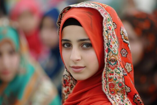 Portrait of a young muslim woman wearing a vibrant red hijab adorned with intricate and colorful traditional embroidery