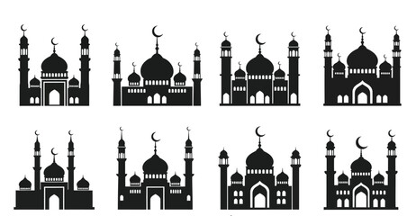 Black illustrations of various mosque buildings with domes and minarets white with islamic and architecture Silhouette vector on whit Background © Antu
