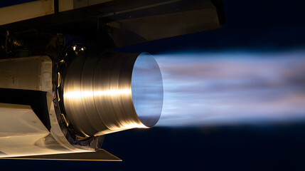thrust. Dramatic night scene of a rocket launch, illuminated by glowing exhaust against a starry sky. STEM education sheets, lab safety posters, designed for biotech research communications.